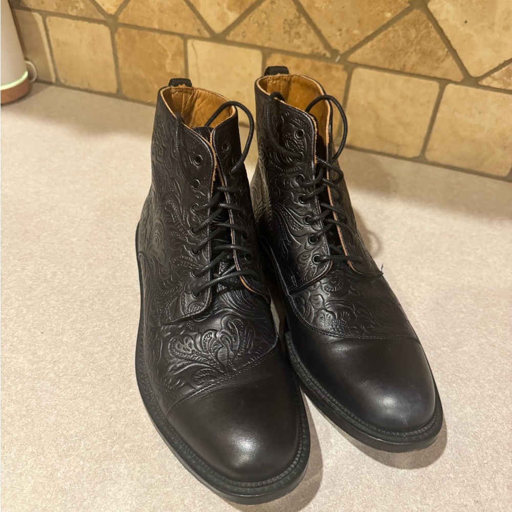 Black Embossed Leather Lace-Up Boots